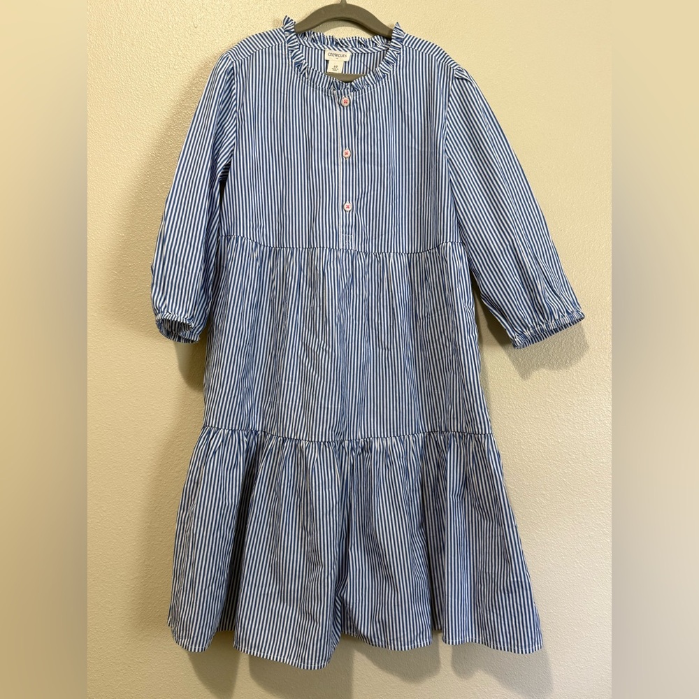 Crewcuts Girls Long Sleeve Blue & White Stripe Tiered Poplin Dress Size 10